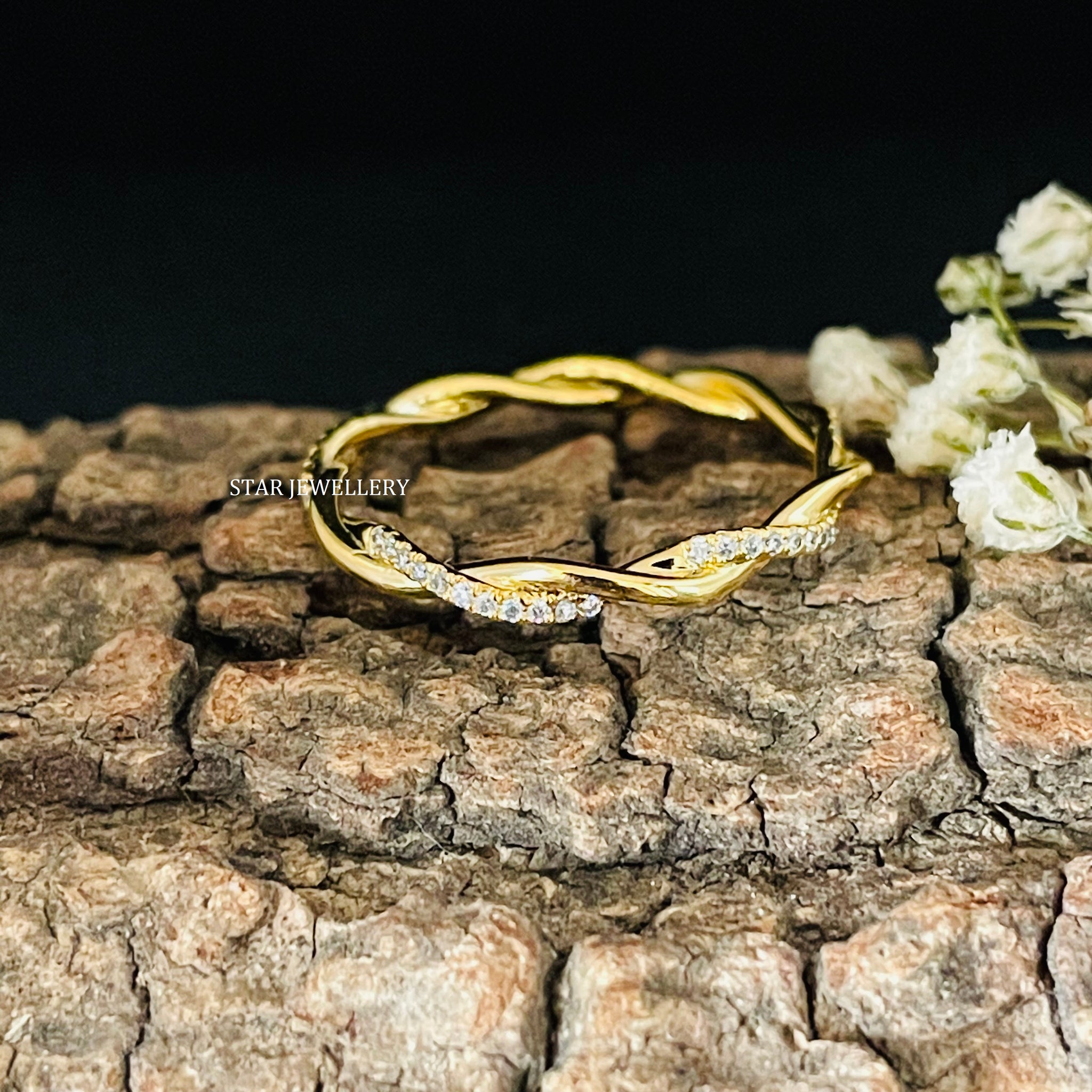 Solid Gold Dainty Diamond Twist Ring