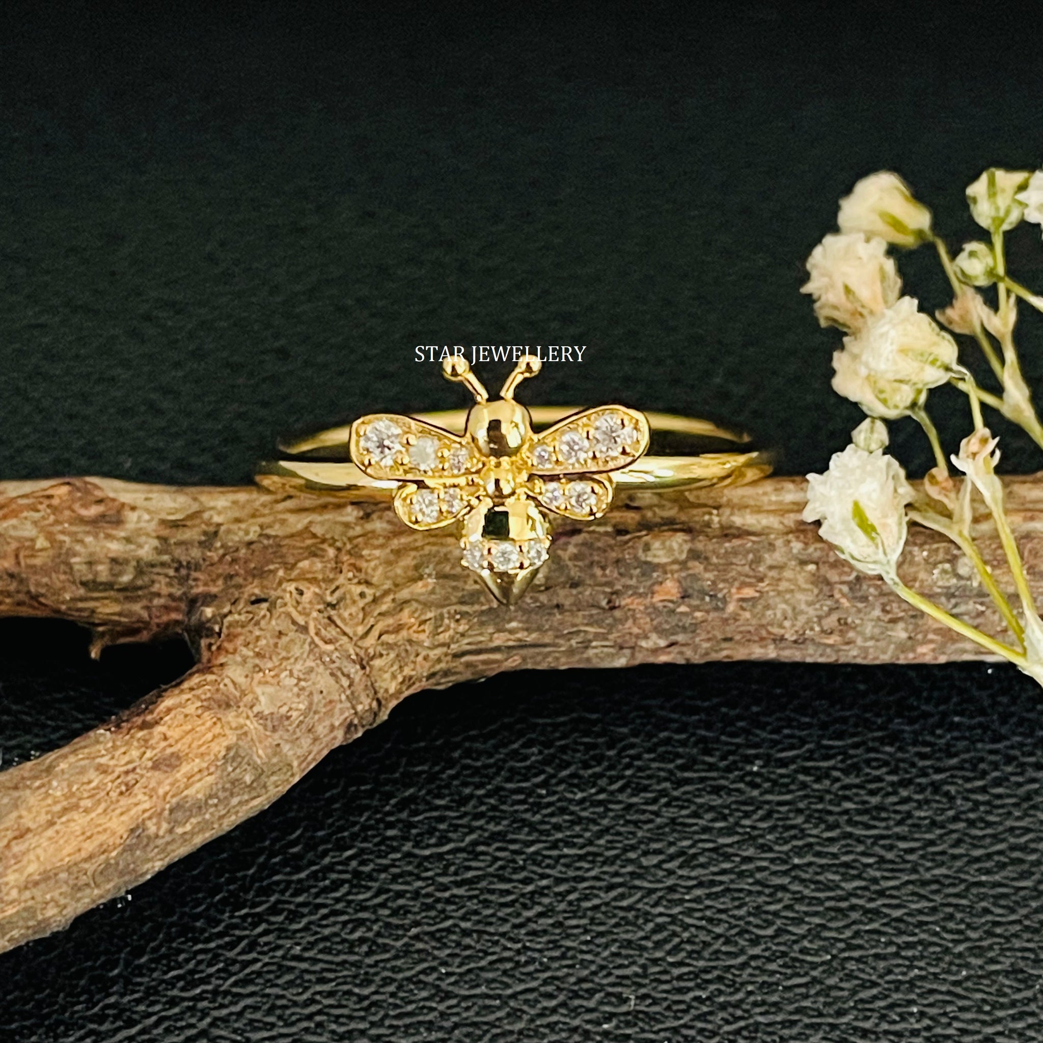 Solid Gold Natural Diamond Dainty BEE Ring