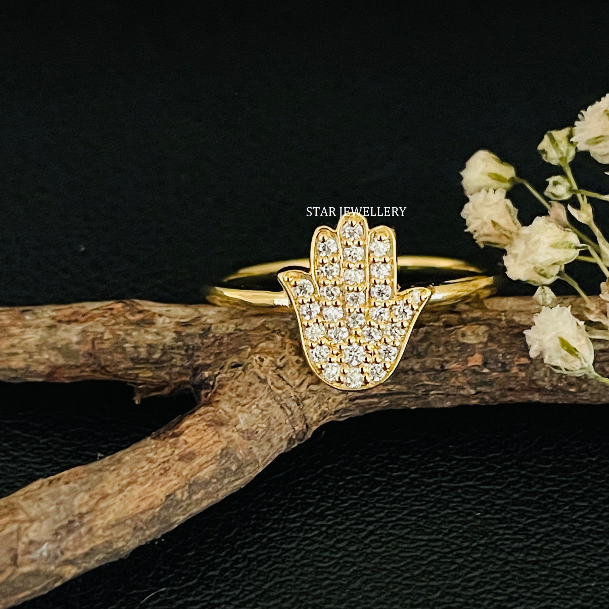 Solid Gold Natural Diamond Hamsa Ring