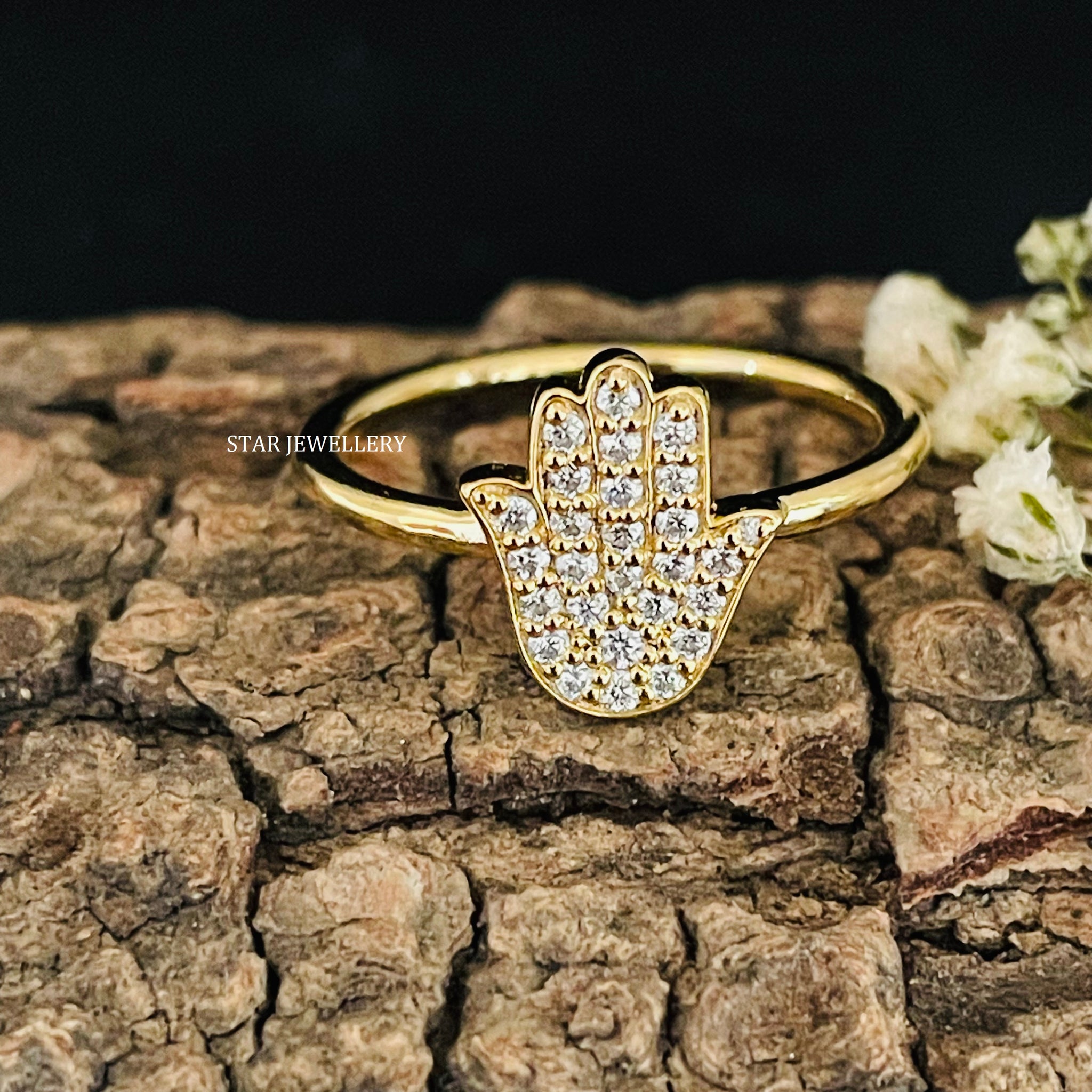 Solid Gold Natural Diamond Hamsa Ring