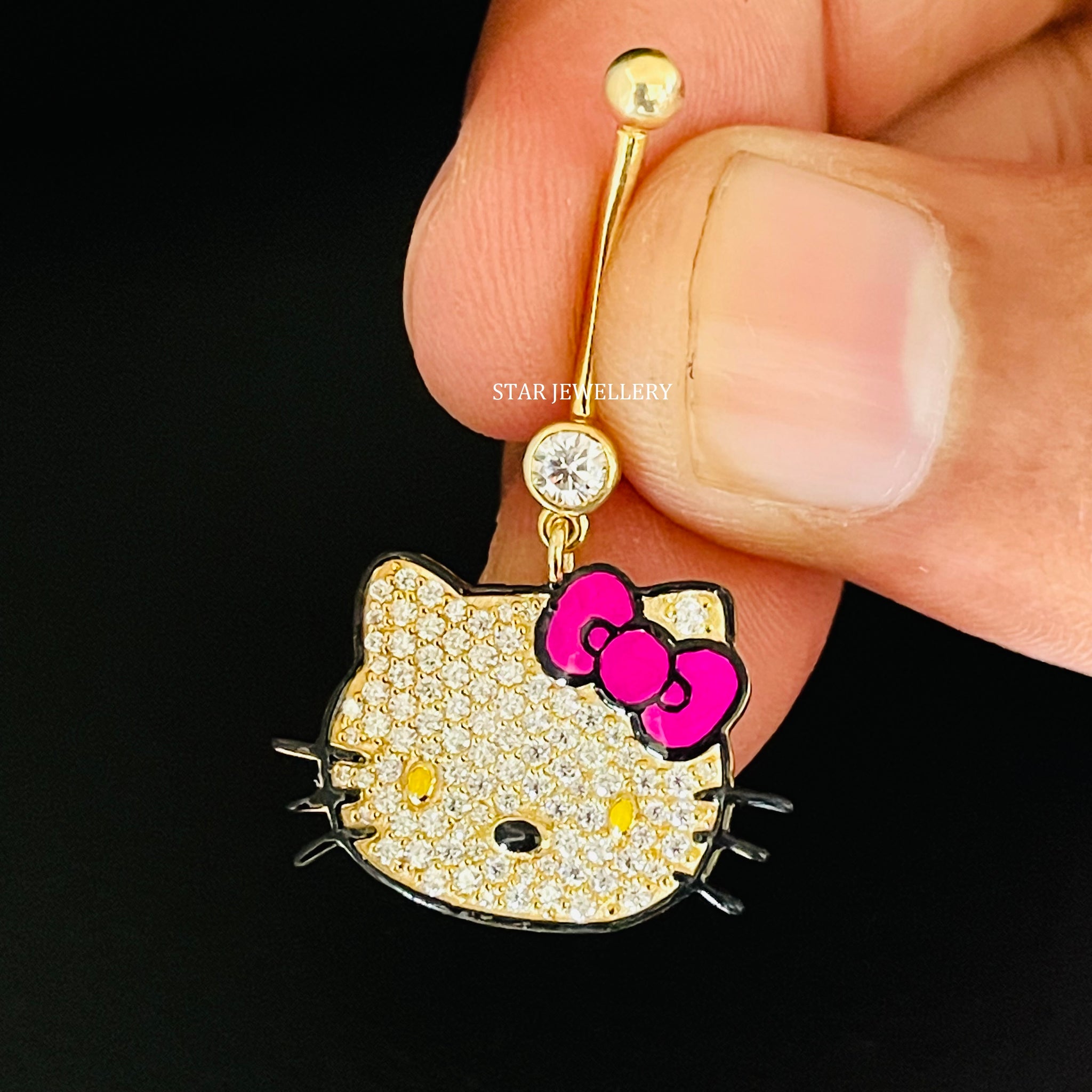 Natural Diamond Dangled Kitty Barbell Belly Piercing