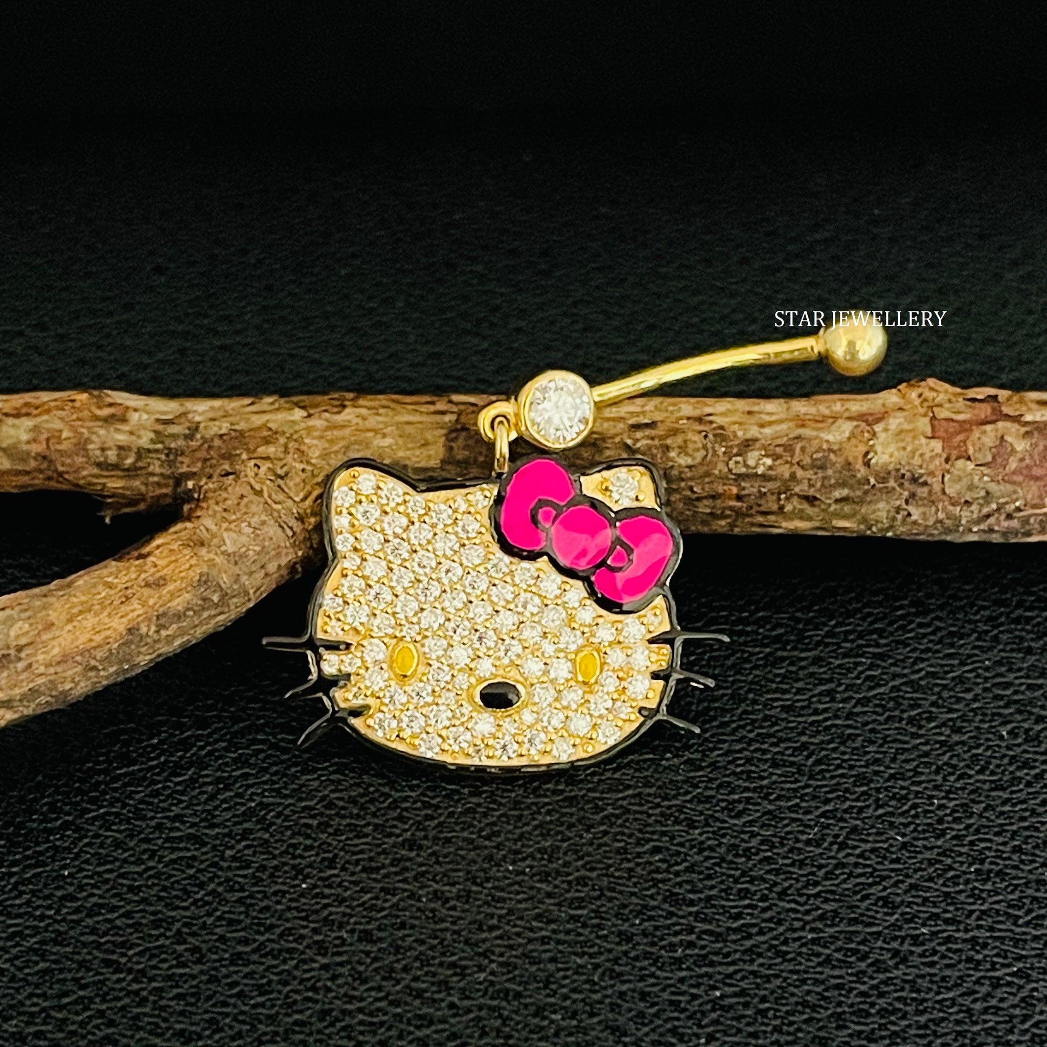 Natural Diamond Dangled Kitty Barbell Belly Piercing