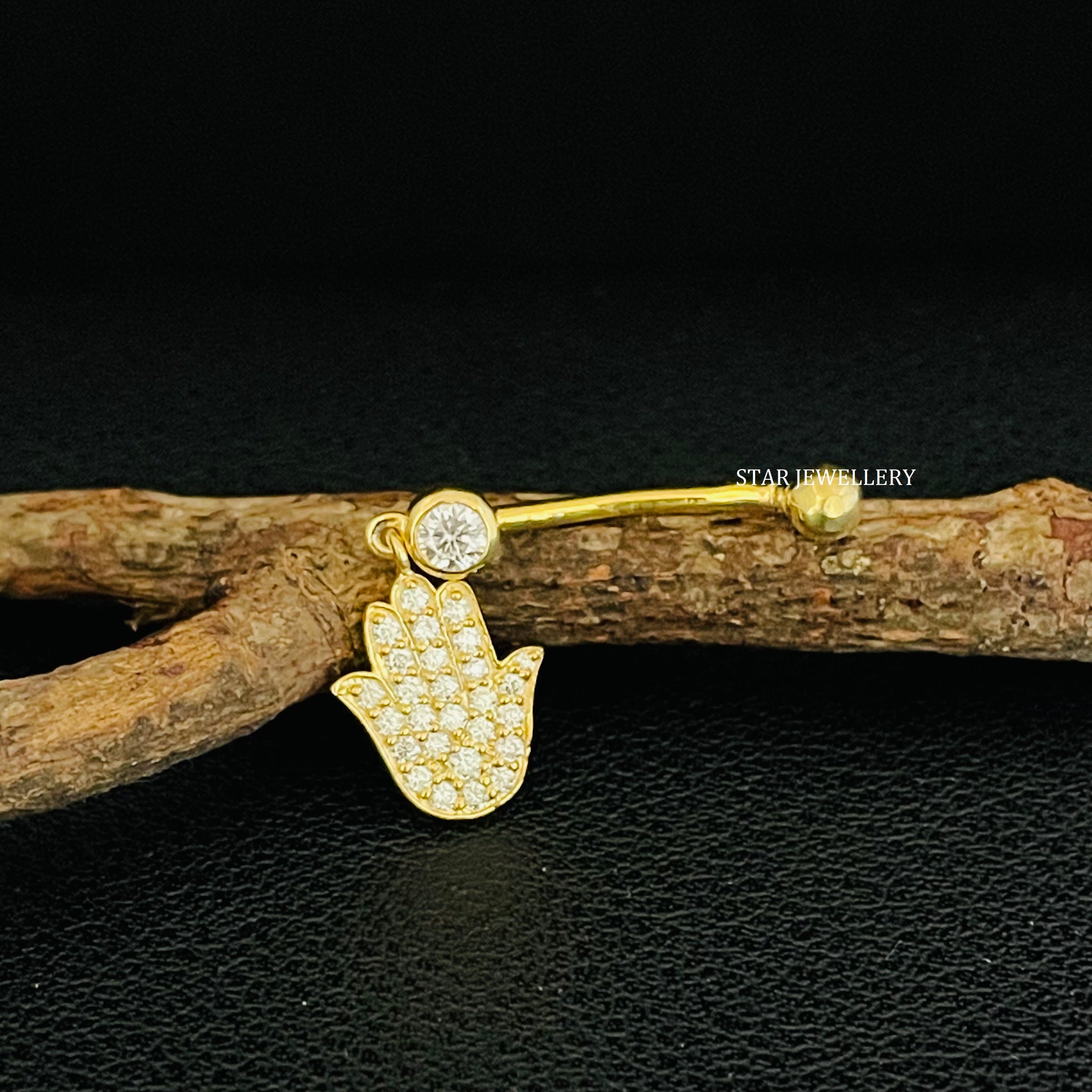 Natural Diamond Dangled Gold Hamsa Belly Piercing