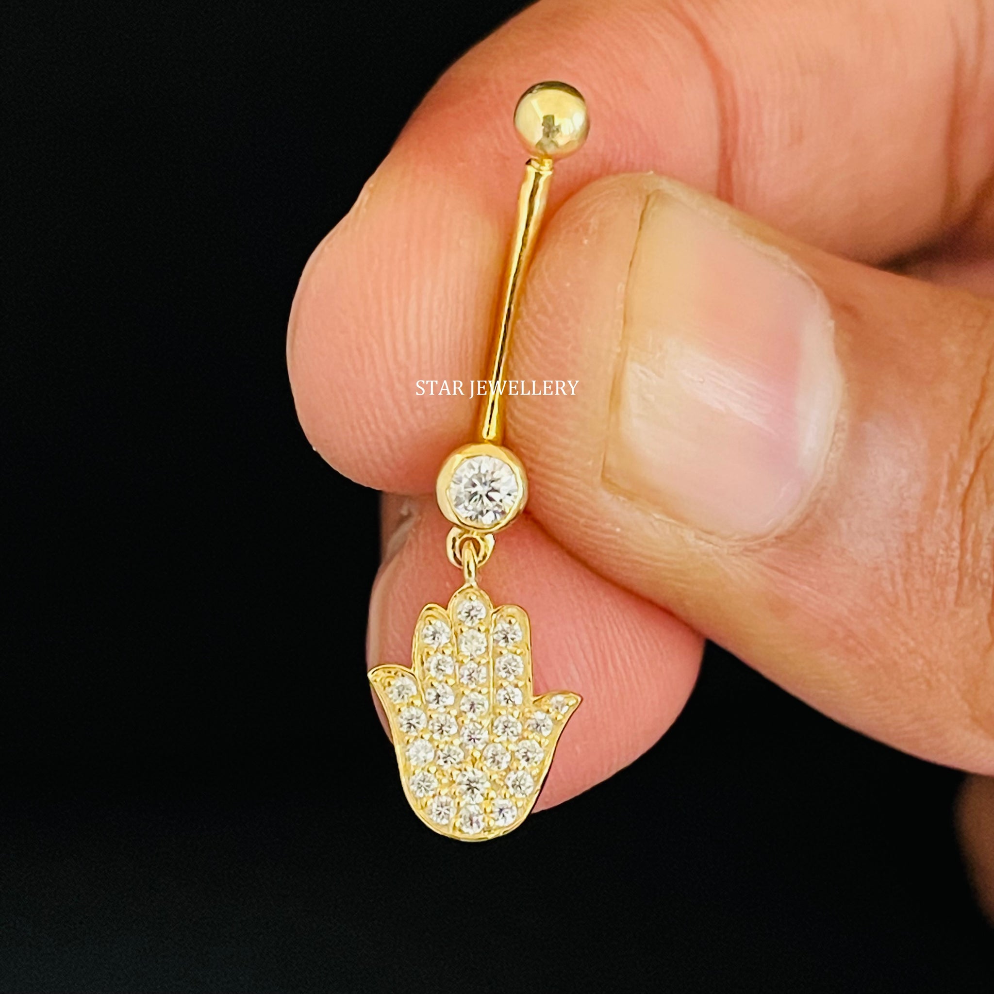 Natural Diamond Dangled Gold Hamsa Belly Piercing