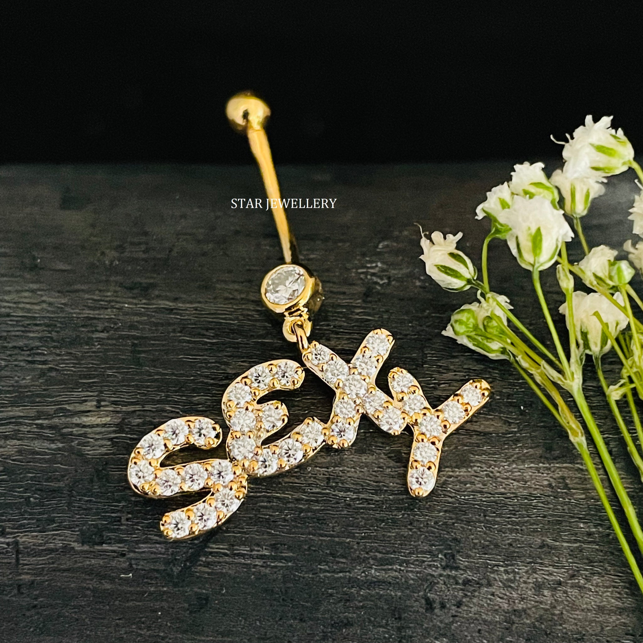 SEXY Letter Gold Belly Button Diamond Piercing