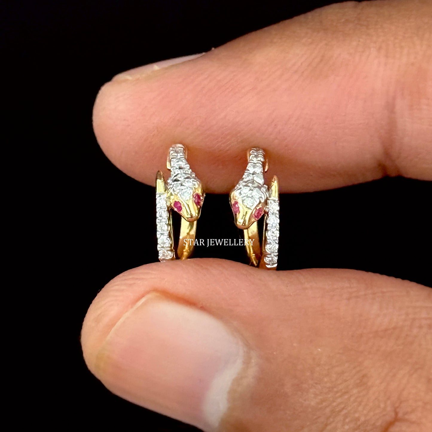 14K Solid Gold Natural Diamond Snake Hoop Earrings