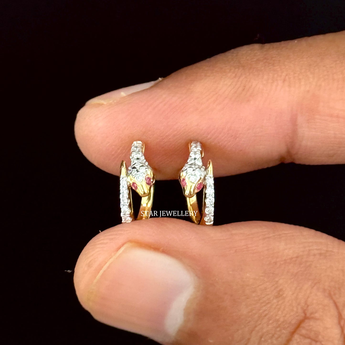 14K Solid Gold Natural Diamond Snake Hoop Earrings