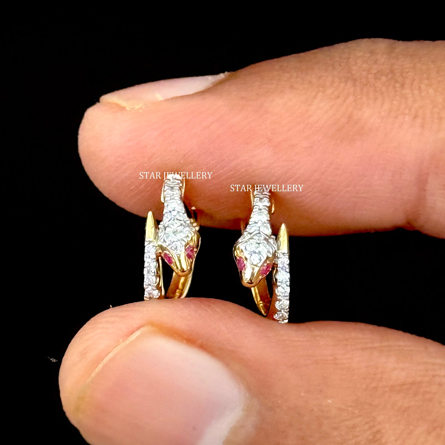 14K Solid Gold Natural Diamond Snake Hoop Earrings