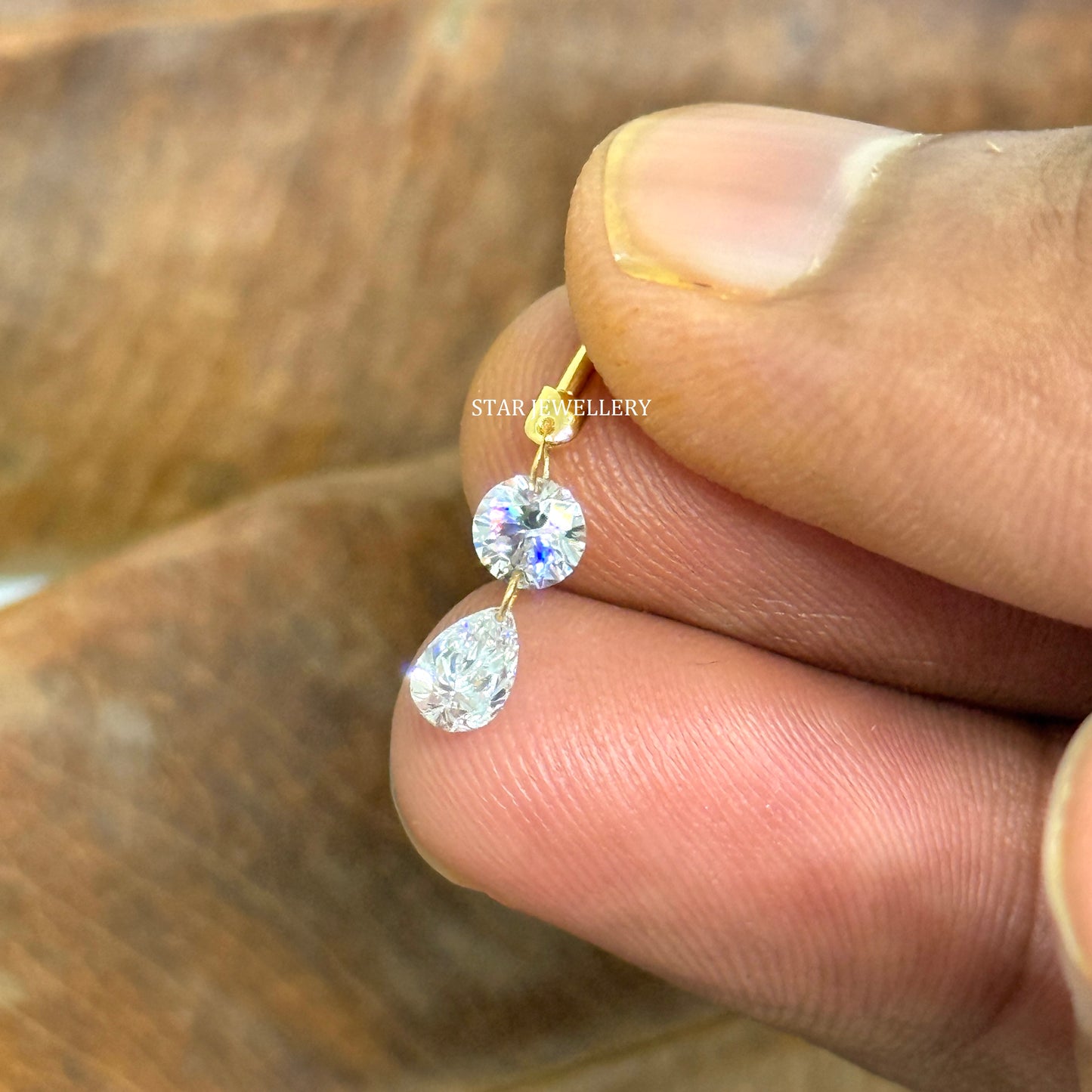 Solid Gold Lab Grown Diamond Dangle Earrings: Round & Pear Cut