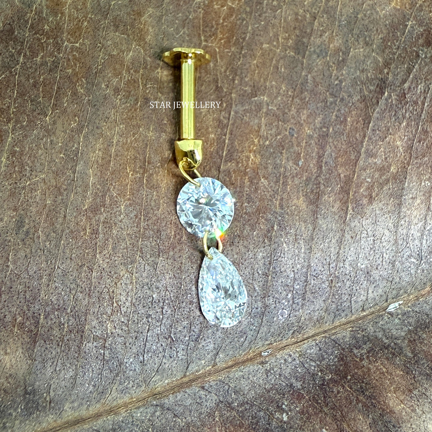 Solid Gold Lab Grown Diamond Dangle Earrings: Round & Pear Cut