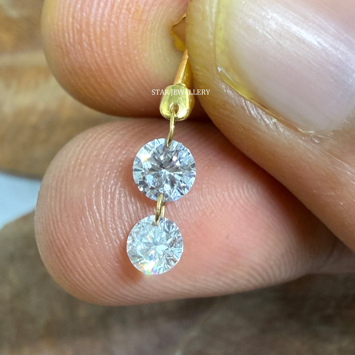 Solid Gold Lab Grown Diamond Dangle Earrings: Floating Double Round Cut