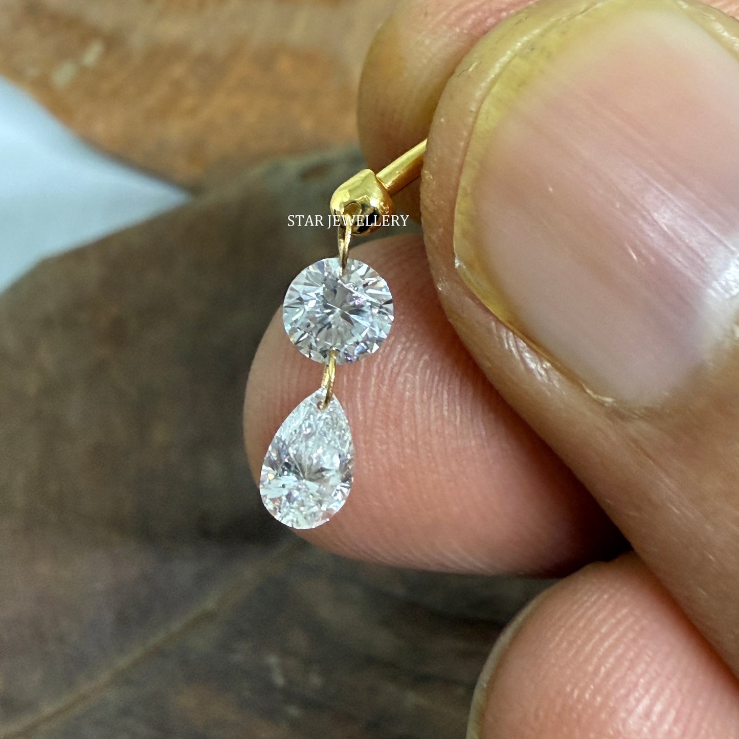 Solid Gold Lab Grown Diamond Dangle Earrings: Round & Pear Cut