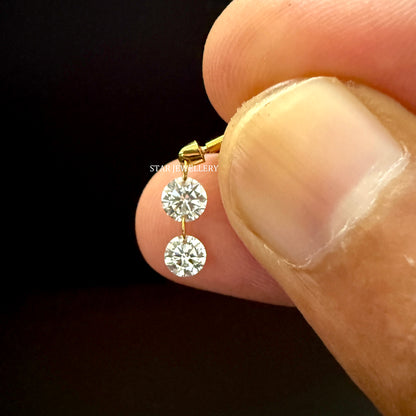 Solid Gold Lab Grown Diamond Dangle Earrings: Floating Double Round Cut