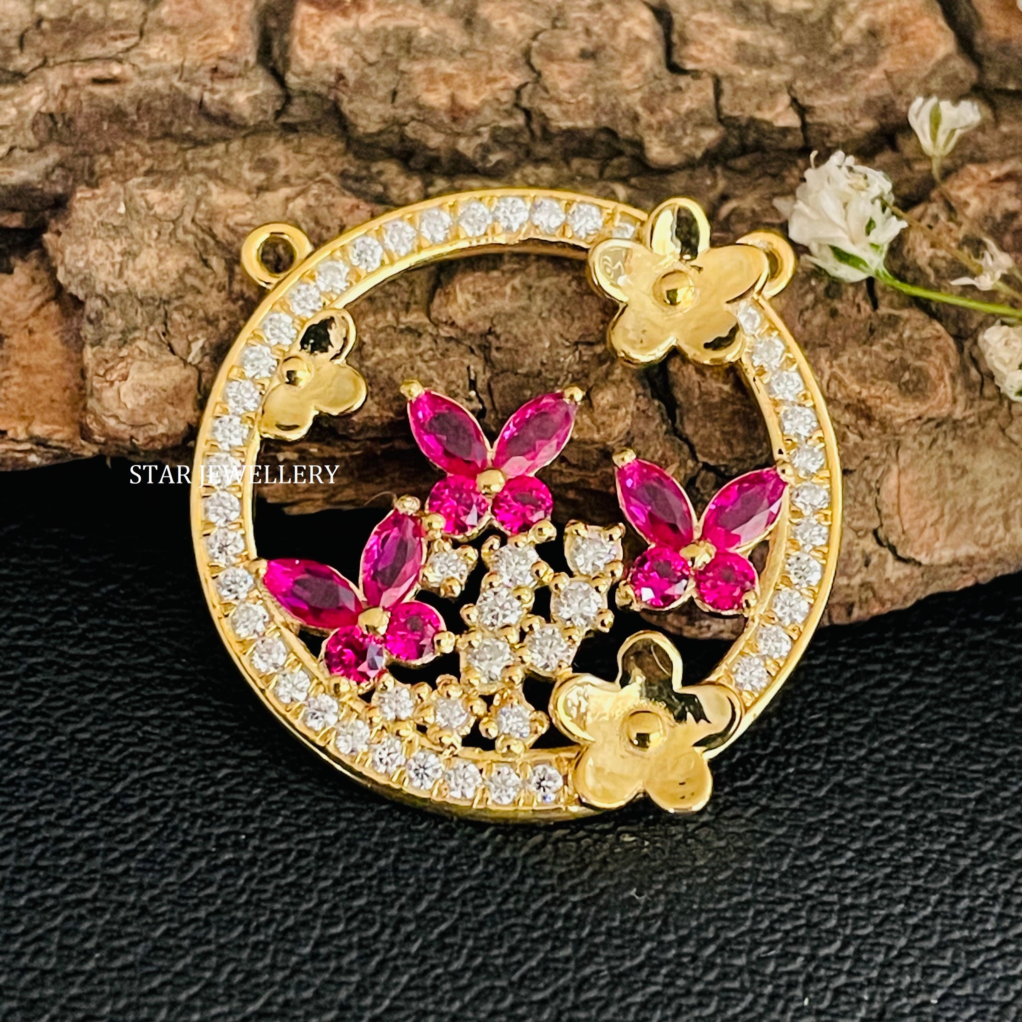 Natural Ruby Butterfly Circular Diamond Necklace