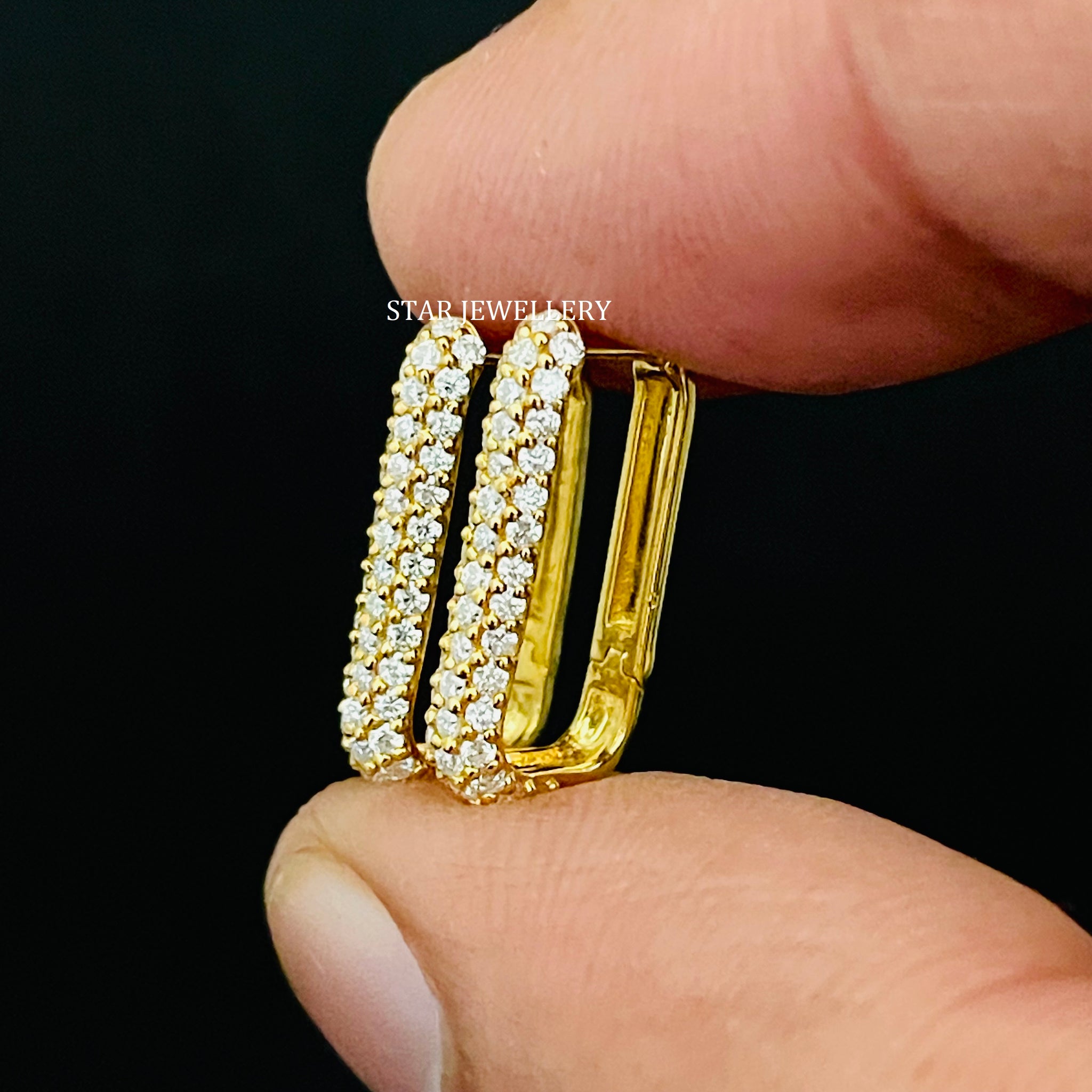14K Solid Gold Rectangular Diamond Hoop Earring