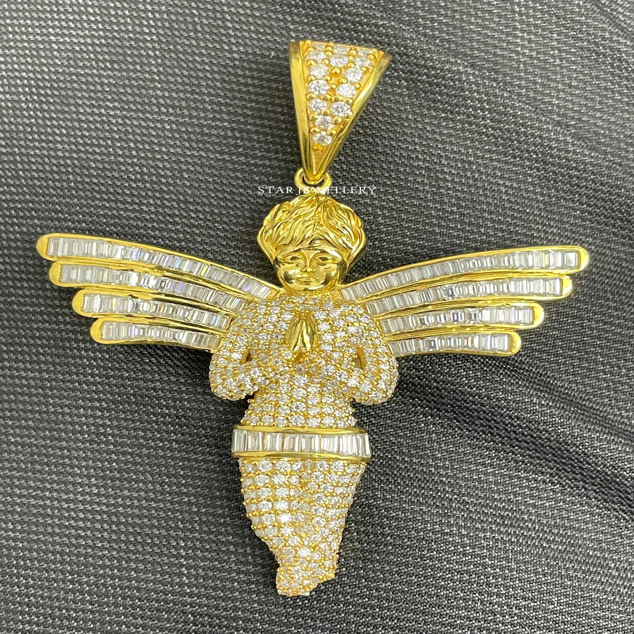 Unisex Silver Moissanite Angel Pendant, 10K Solid Gold Priing Angel Charm Pendant, Baguette Diamond Angel Baby Pendant, Religious Angel