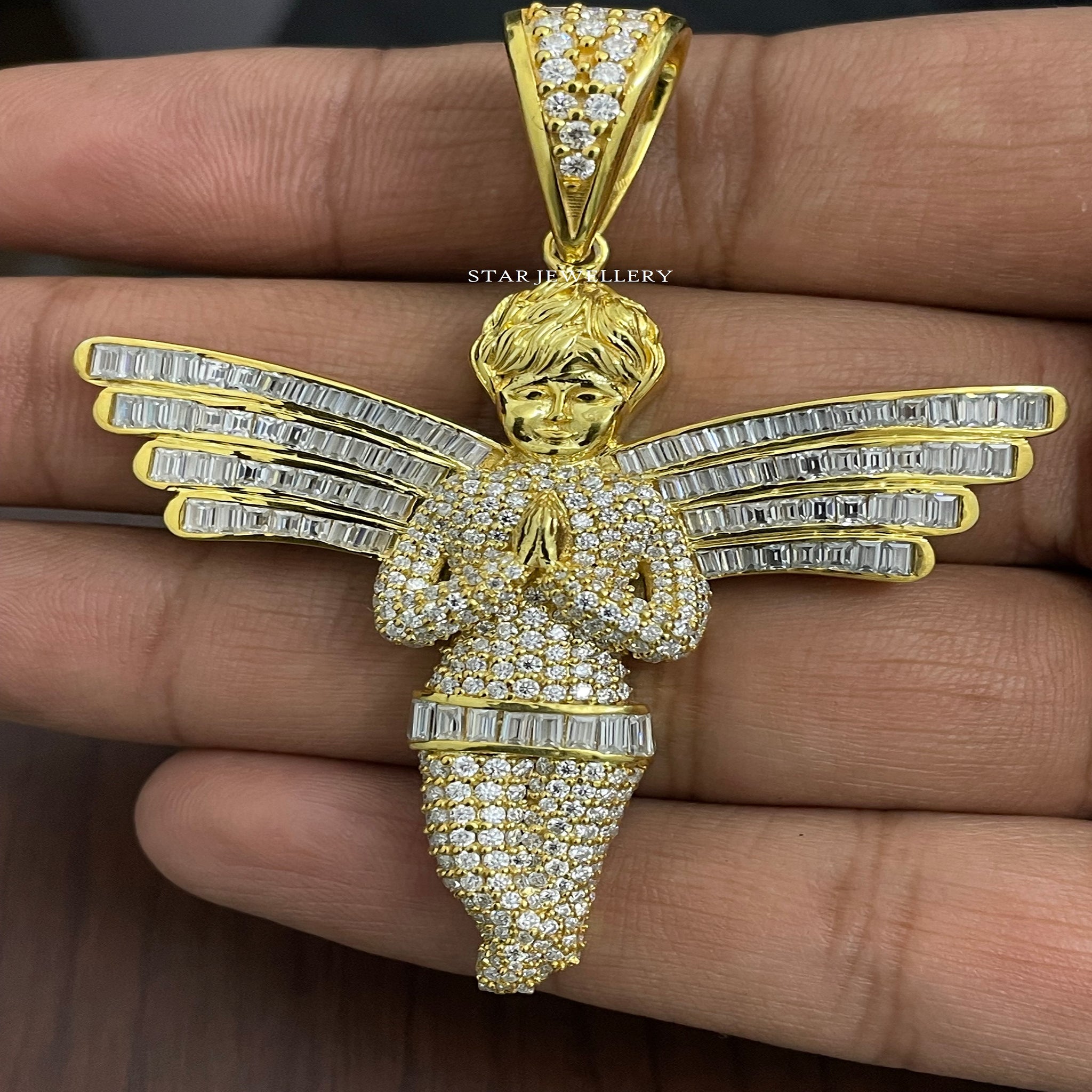 Unisex Silver Moissanite Angel Pendant, 10K Solid Gold Priing Angel Charm Pendant, Baguette Diamond Angel Baby Pendant, Religious Angel
