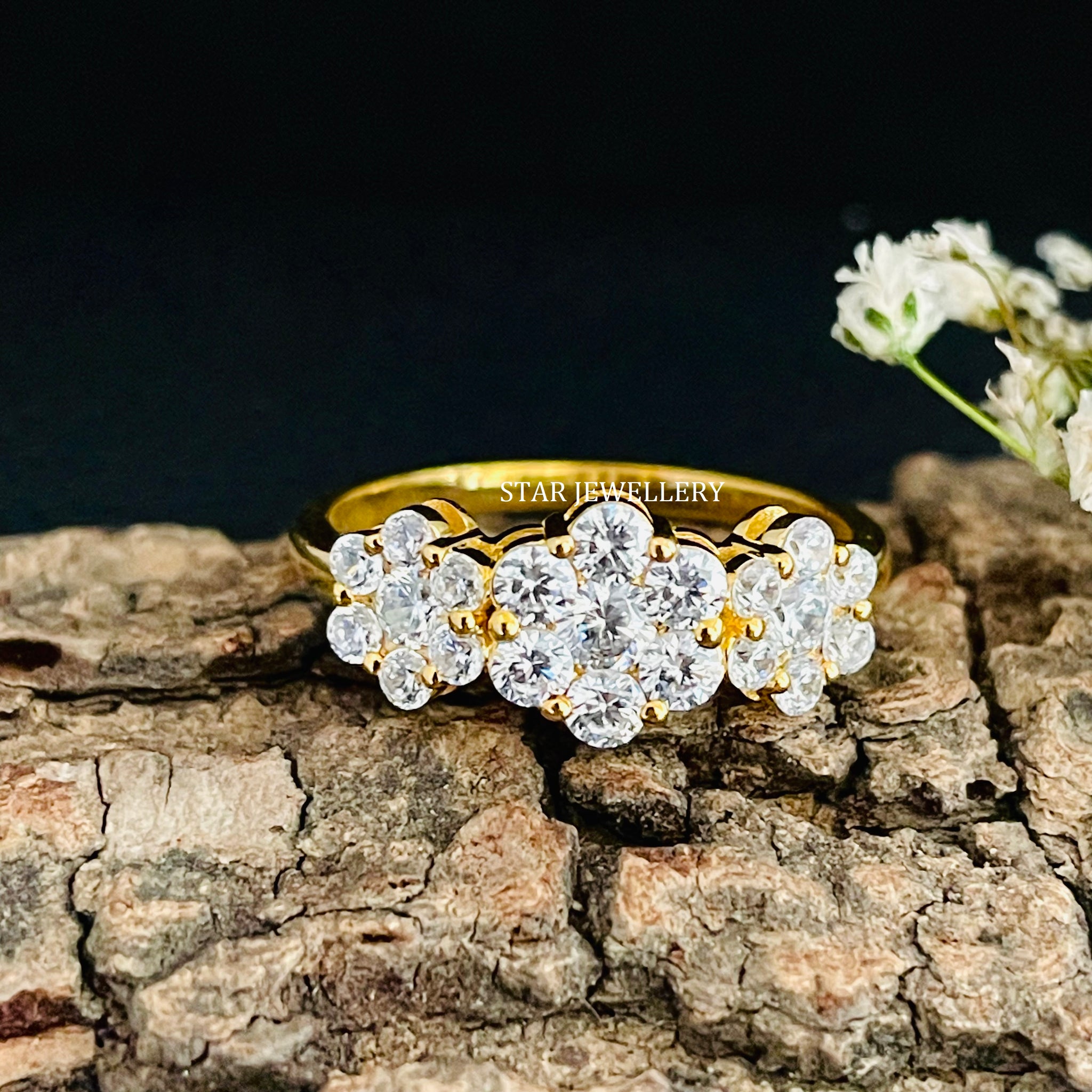 14K Gold Three Flower Natural Diamond Ring