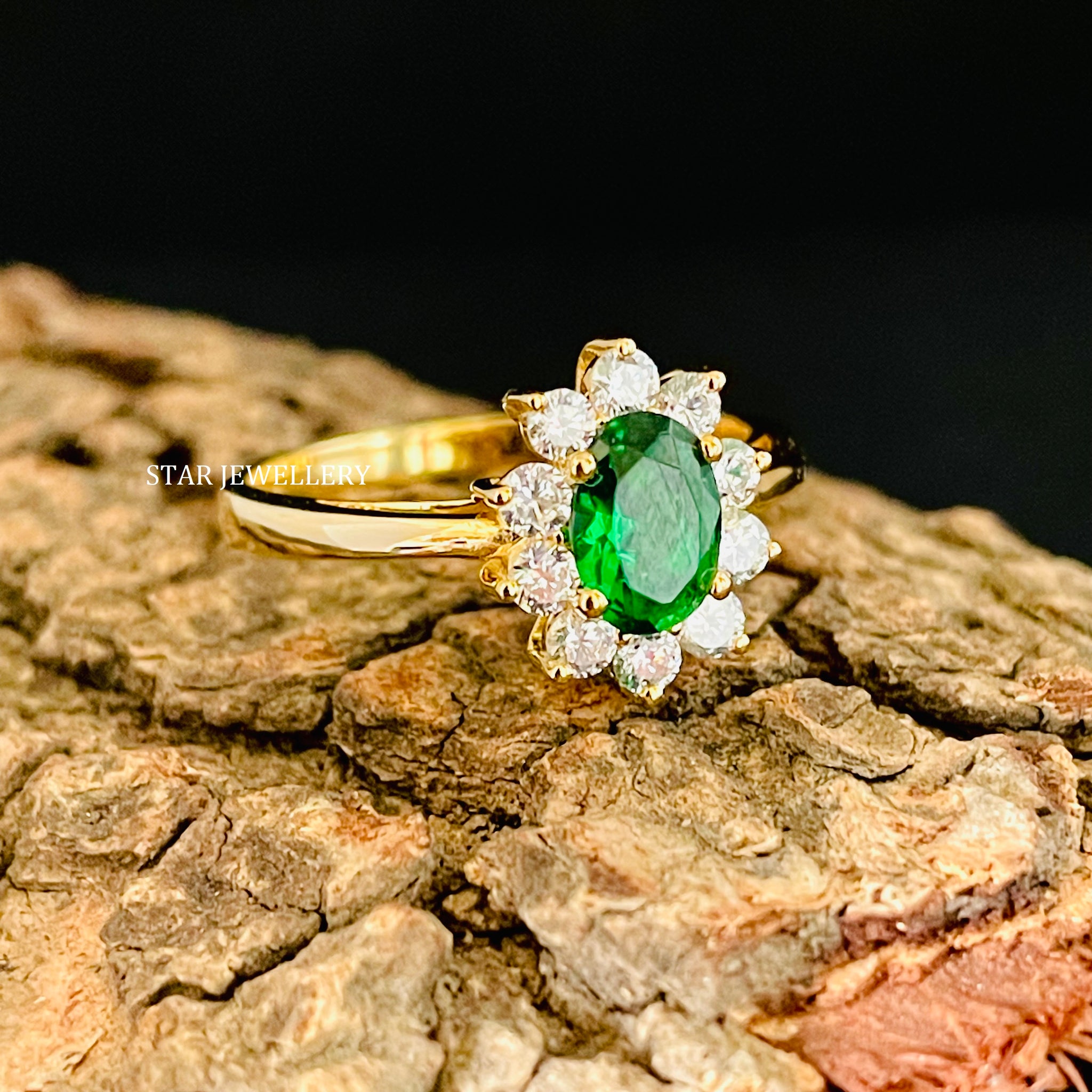 Emerald Diamond Halo Solid Gold Ring