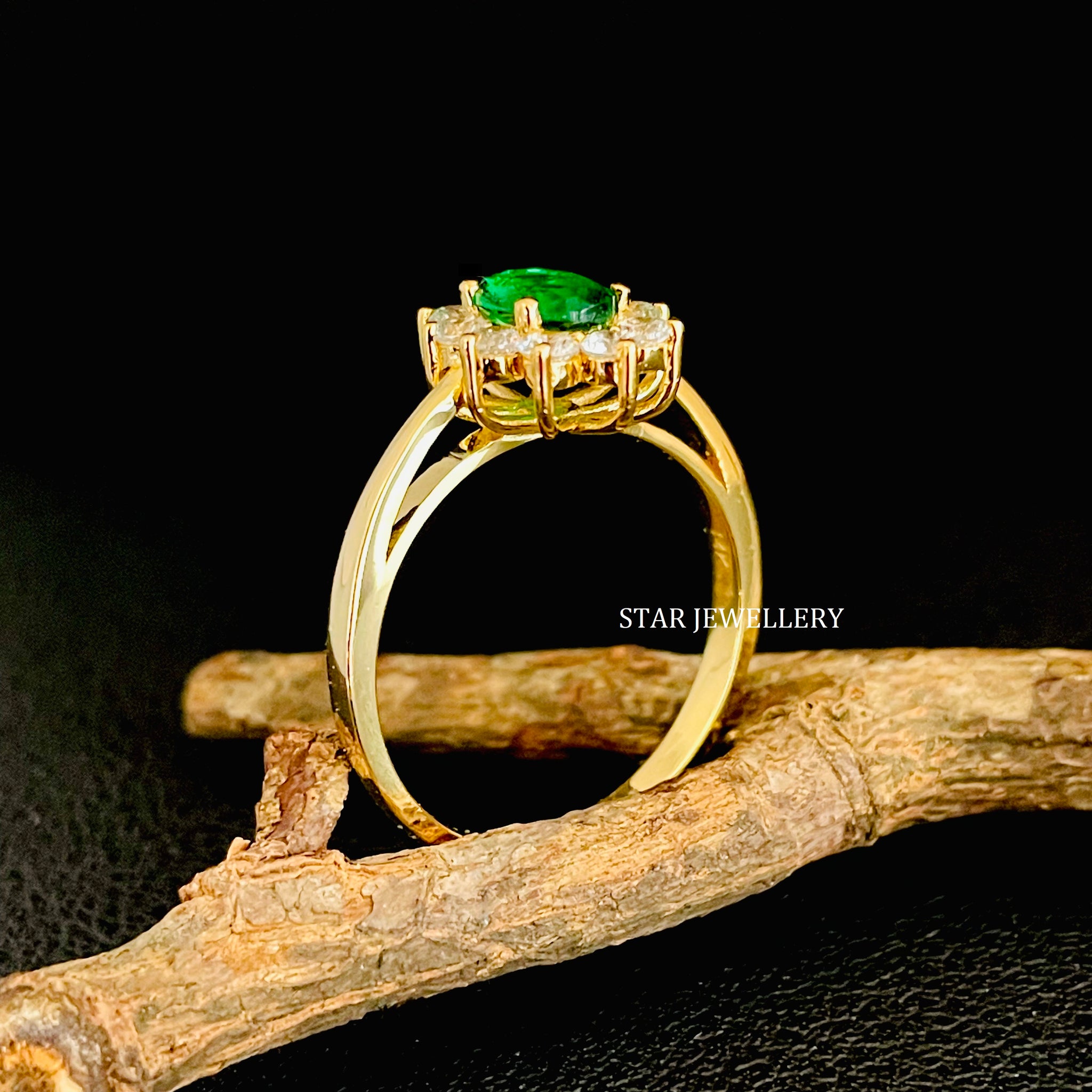 Emerald Diamond Halo Solid Gold Ring