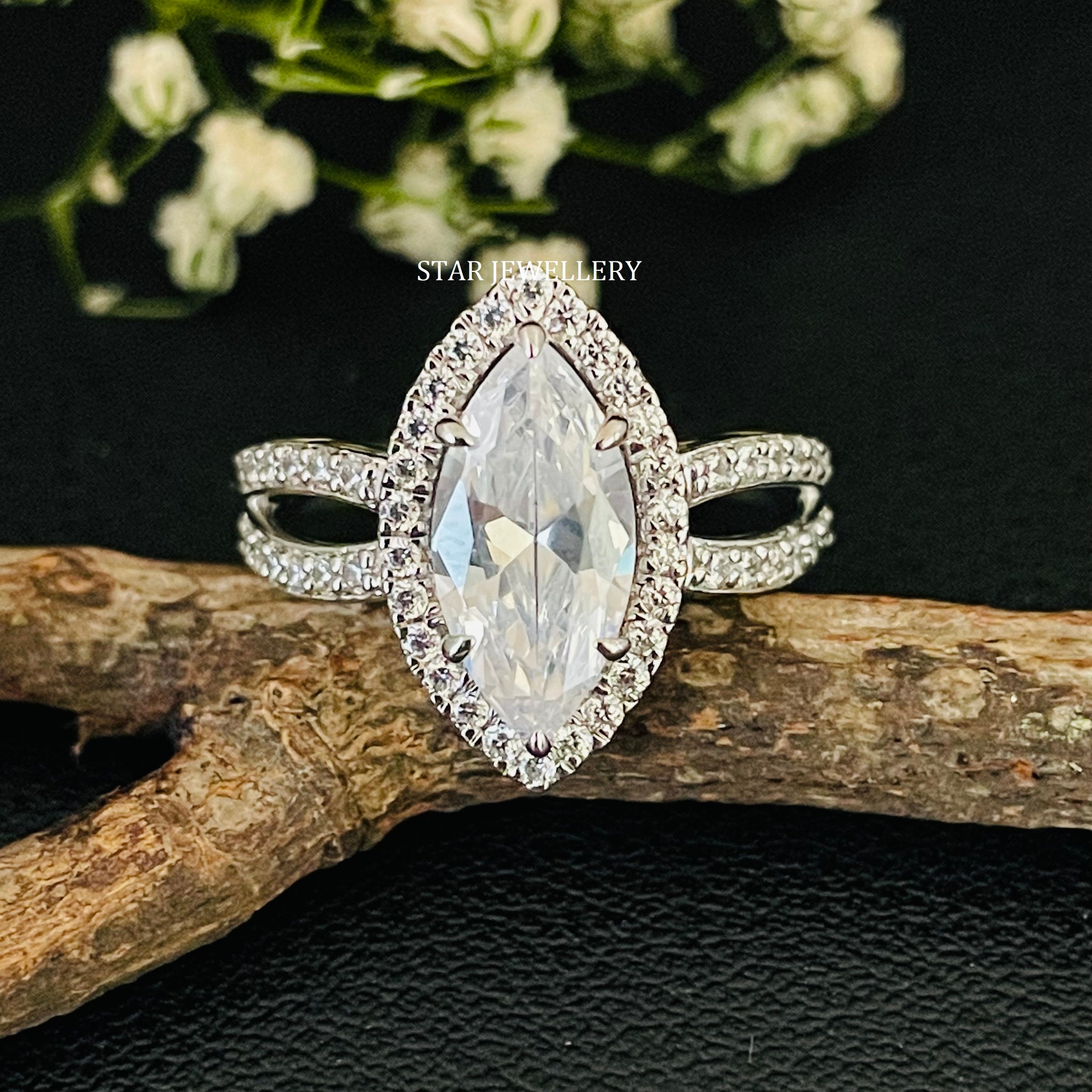 1.50 CT Marquise Cut Halo Moissanite Engagement Ring