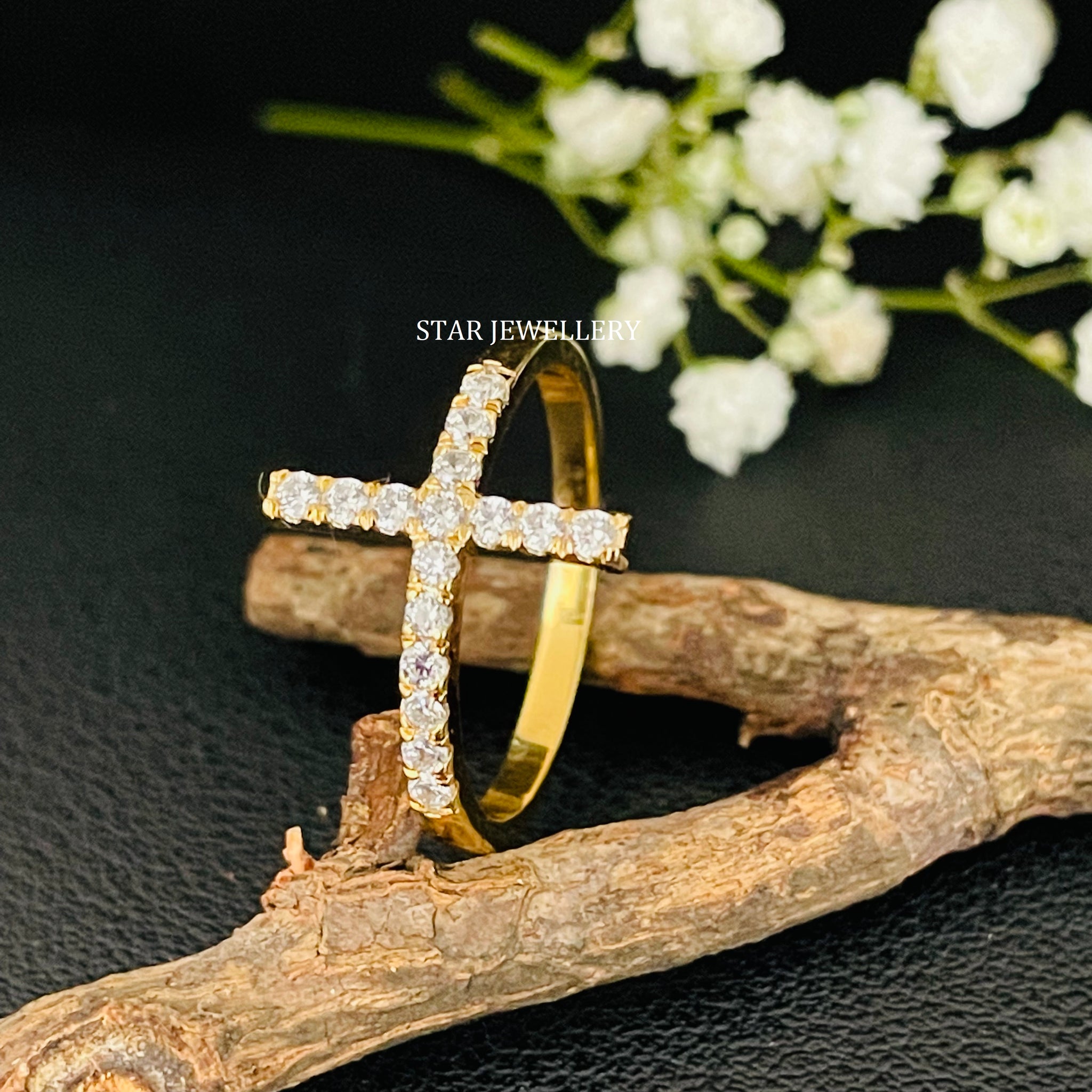 Solid Gold Pave Set Diamond Cross Ring