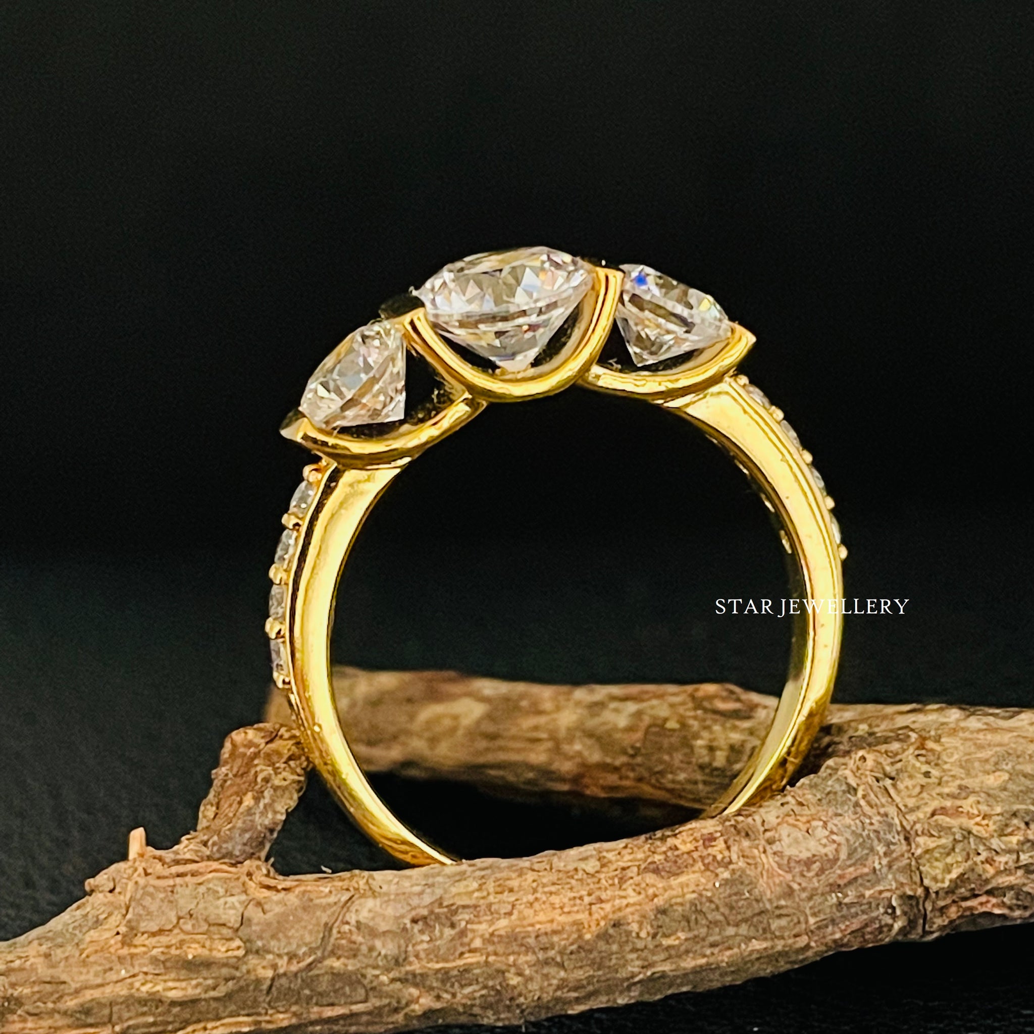 14K Solid Gold Three Stone Bar Set Moissanite Ring