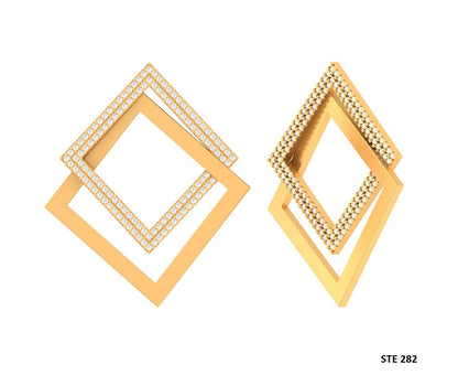 14K Solid Gold Pave Set Diamond Geometric Earring