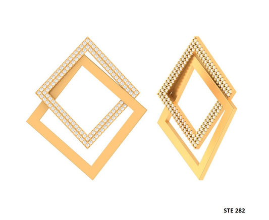 14K Solid Gold Pave Set Diamond Geometric Earring