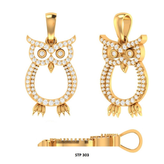 14K Gold Natural Diamond Owl Pendant