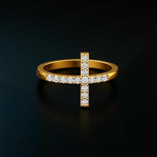 14K Solid Gold Pave Set Diamond Cross Ring