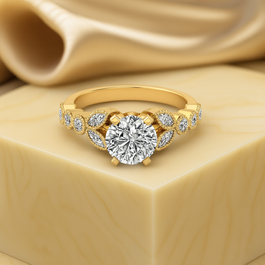 Art Deco Brilliant Round Cut Colorless Moissanite Miligrain Engagement Ring