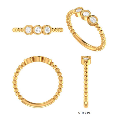 Bezel Set Three Stone Natural Diamond Beaded Shank Diamond Ring