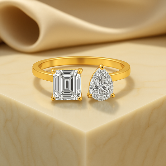 Toi Et Moi Emerald Cut and Pear Cut Moissanite Ring