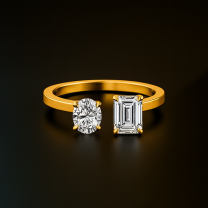 Colorless Oval Cut and Emerald Cut Toi Et Moi Moissanite Ring