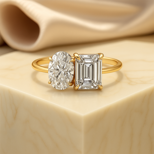 14K Solid Gold Colorless Oval & Radiant Cut Toi Et Moi Engagement Ring