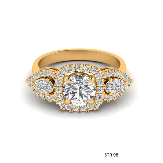 1.00 Ct Colorless Round Cut Three Stone Halo Lab Grown Diamond Engagement Ring