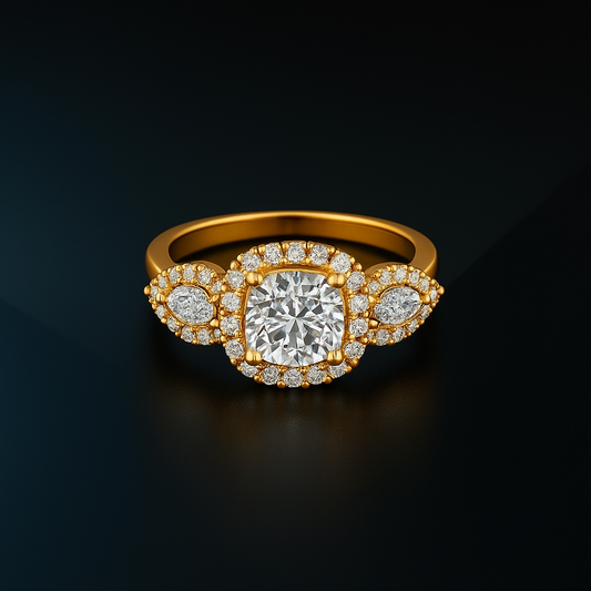 1.00 Ct Colorless Round Cut Three Stone Halo Lab Grown Diamond Engagement Ring
