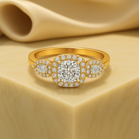 1.00 Ct Colorless Round Cut Three Stone Halo Lab Grown Diamond Engagement Ring
