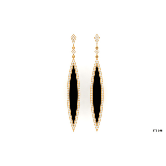 Natural Diamond Black Enamel Long Bridal Earring