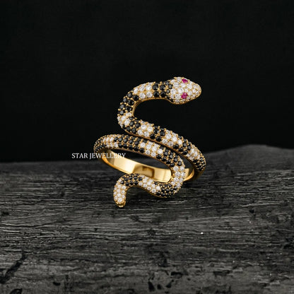 14K Solid Gold Black and White Moissanite Serpent Ring