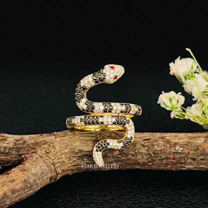 14K Solid Gold Black and White Moissanite Serpent Ring