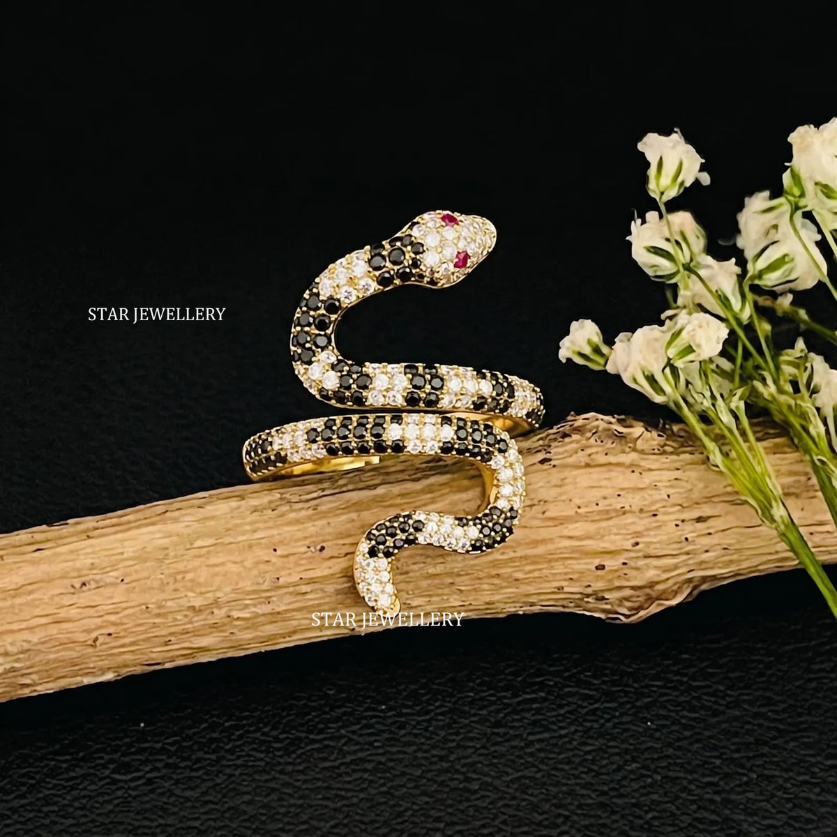 14K Solid Gold Black and White Moissanite Serpent Ring