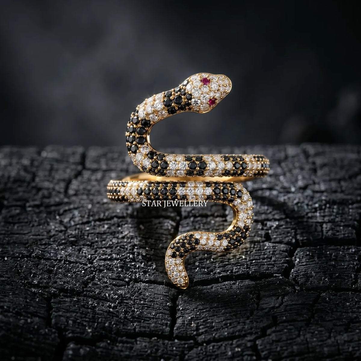 14K Solid Gold Black and White Moissanite Serpent Ring