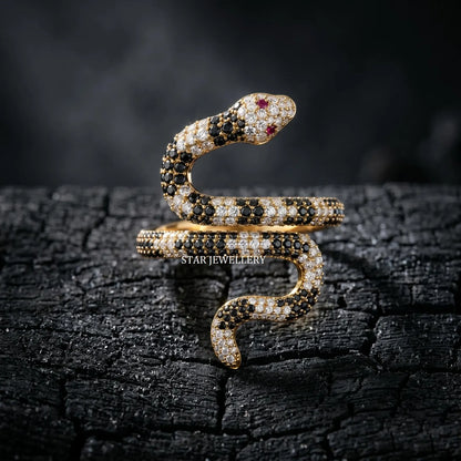 14K Solid Gold Black and White Moissanite Serpent Ring