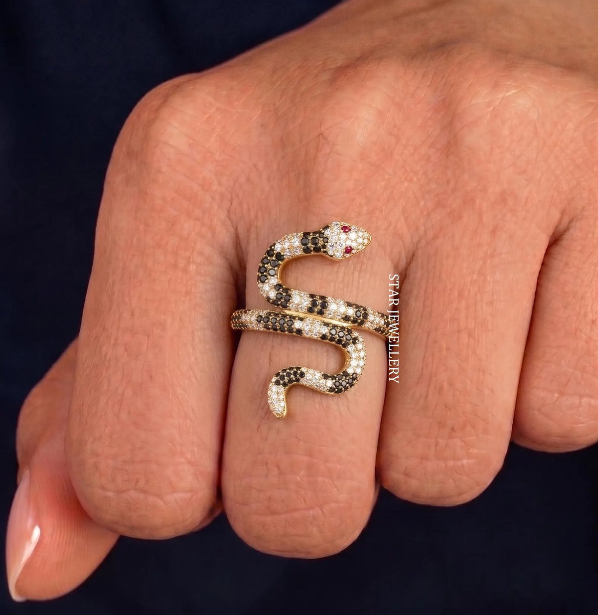 14K Solid Gold Black and White Moissanite Serpent Ring