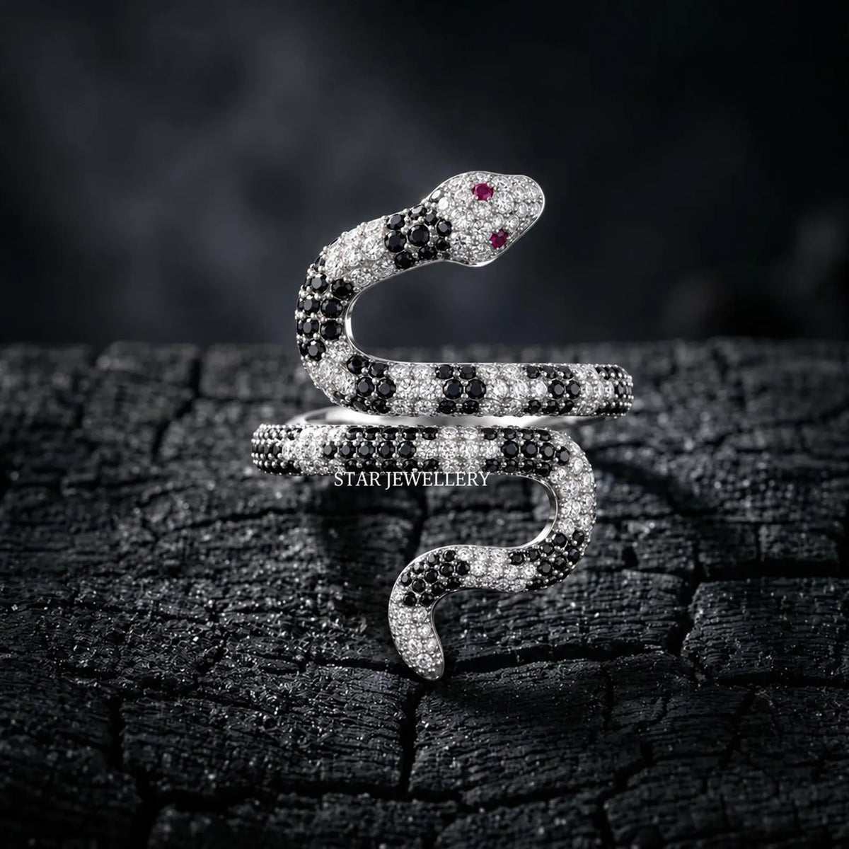14K Solid Gold Black and White Moissanite Serpent Ring