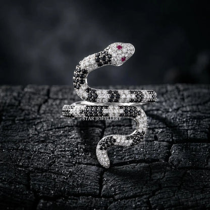 14K Solid Gold Black and White Moissanite Serpent Ring