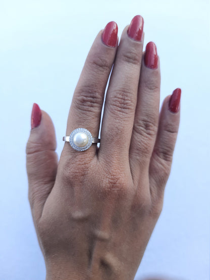 14K Solid Gold Diamond Pearl Halo Ring