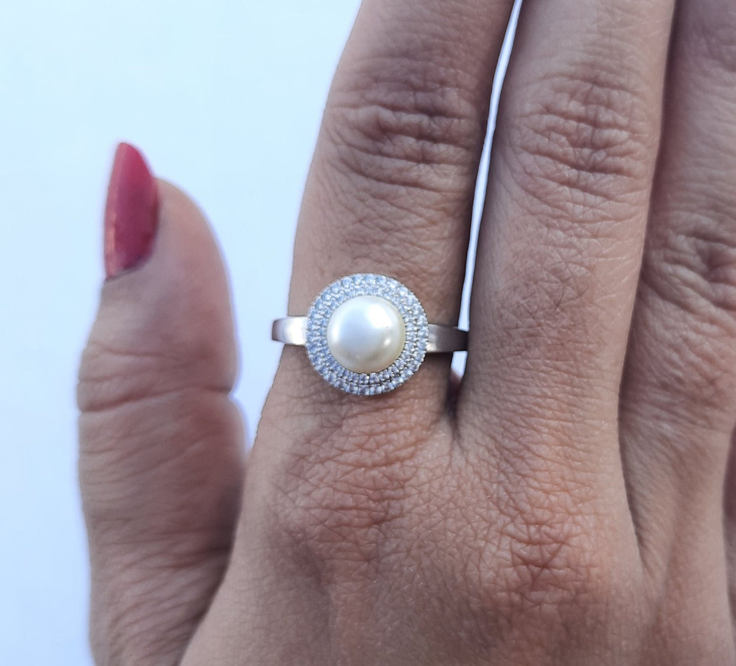 14K Solid Gold Diamond Pearl Halo Ring